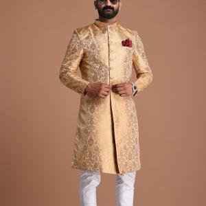 Fawn and Golden Banarasi Brocade Silk Heavy Embroidery Sherwani | Jaipurio